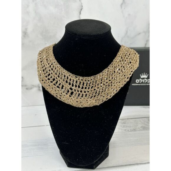 Hand Crafted Jewelry - Crocheted chainmail bib necklace, Cleopatra Gold Mesh Collar Necklace